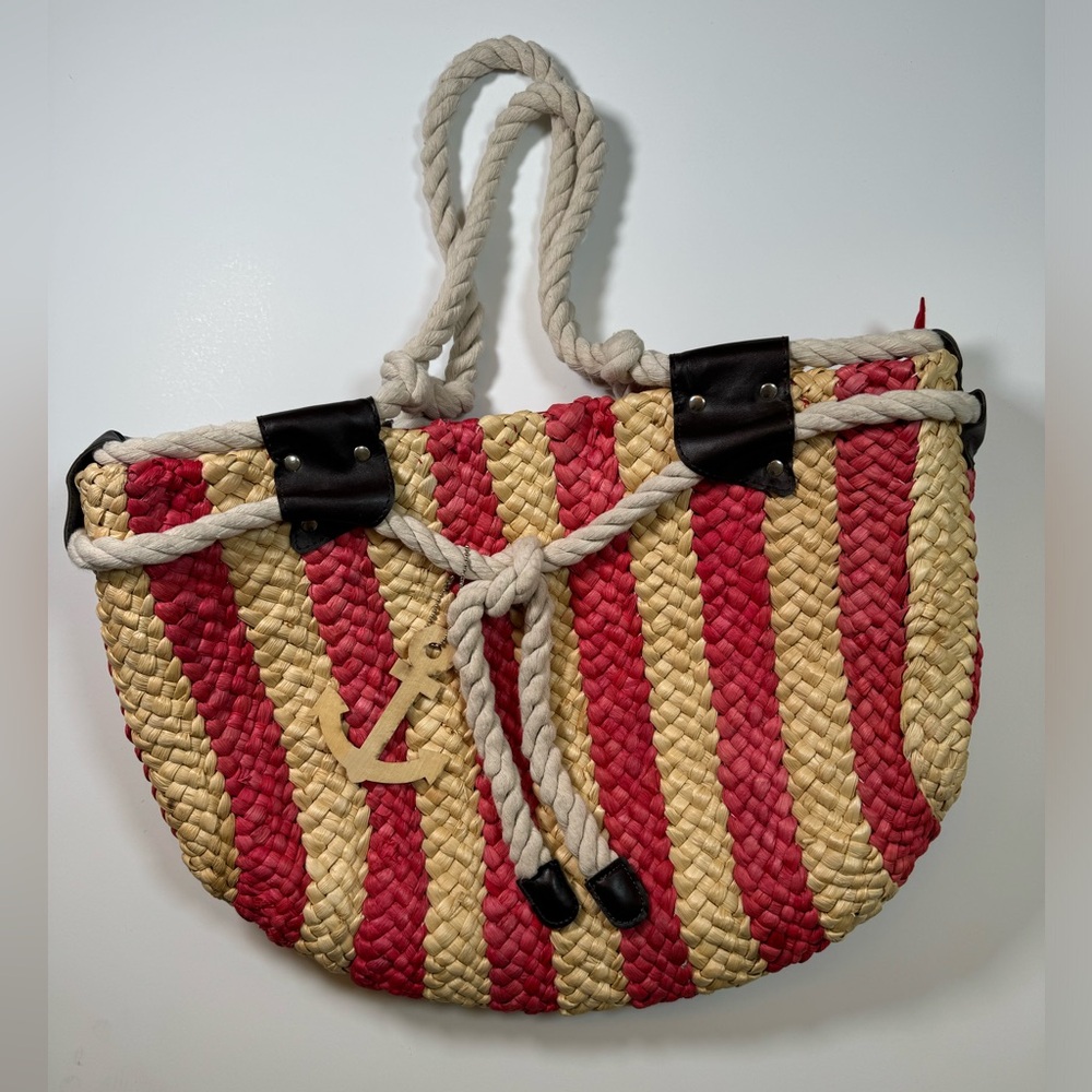 Red and Natural Striped Woven Tote with Rope Handles